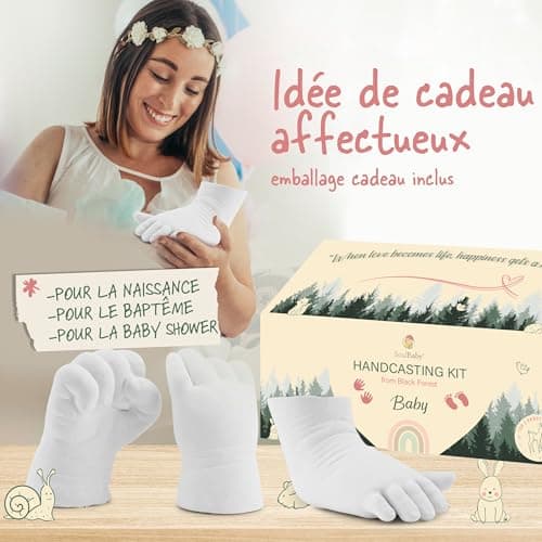 SOULBABY® Kit de Moulage Pied et Main Bebe [4 moulages] I 100% Made in Germany I Kit Moulage Bebe avec 2 récipients pour Le Moulage I Kit Empreinte Bebe avec Emballage pour Cadeau de Naissance