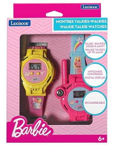 Lexibook, Barbie, Montres Talkie-Walkies, 2 pièces, Portée jusqu'à 200m, Lampe de Poche, Boussole, Rechargeable, Rose/Jaune et Rose/Bleu, DMWTW1BB