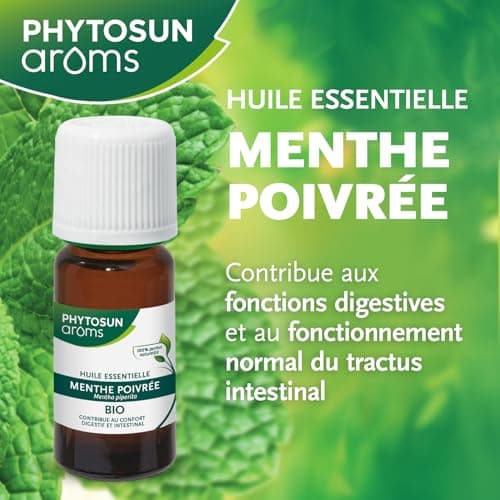 PHYTOSUN AROMS - Huile Essentielle Menthe Poivrée Bio - HEBBD - 100% Pure & Naturelle - 100% Bio - Contribue au Confort Digestif et Intestinal - Analysée & Conditionnée en France - 10 ml