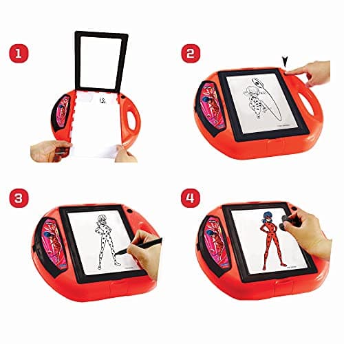 Lexibook- Miraculous Projecteur à Dessins, 4 tampons, 10 modèles, écran Lumineux, 1 Stylo Inclus, Jouet Artistique et créatif pour Filles et garçons, Rouge/Noir, CR310MI