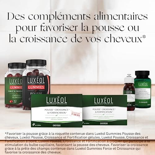 LUXÉOL - Pousse Croissance & Fortification - Complément Alimentaire - Roquette, Prêle Des Champs, Zinc, Cuivre, Sélénium, Vitamine B8 & B6 - Fabriqué En France - Programme Cheveux 3 Mois - 90 Gélules