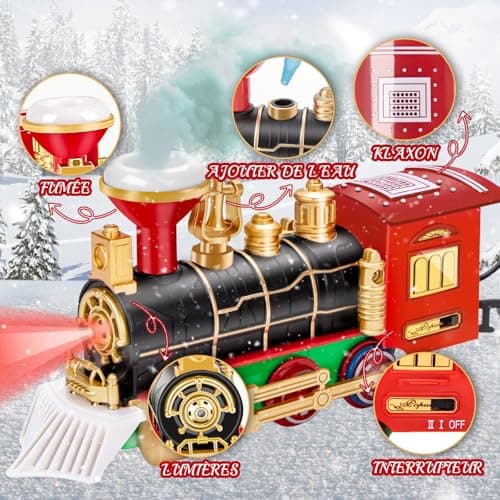 BuzzoXerex Train Electrique Noel, Train de Noel Electrique pour Sapin avec Guirlandes Lumineuses LED Bleues, Train Electrique Enfant avec Spray et Son