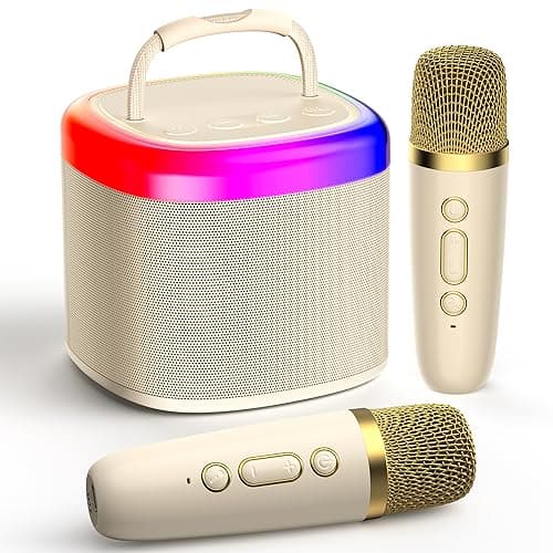 JYX Machine de Karaoké avec 2 Microphones sans Fil, Karaoke Portable Jouets avec Lumières LED Enfants Adultes, Mini Karaoke Bluetooth, Idee Cadeau Enfants 5,6,7,8,9,10,11,12,13,14,15 Ans Noir/Beige