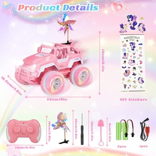 Ulikey RC Voiture Telecommandé, Voiture Télécommandée Fille, Jeep Rose 1:16 avec Lumières LED, Camion SUV Tout-Terrain 2,4 GHz, avec Moulin à Vent, Cadeaux Jouets Anniversaire pour Fille 4-12 Ans