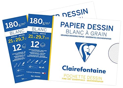 Clairefontaine 196155AMZC - Lot de 2 - Pochette Dessin Scolaire - 12 Feuilles Papier Dessin Blanc à Grain - A4 21x29,7 cm 180g - Idéal pour les Arts Plastiques
