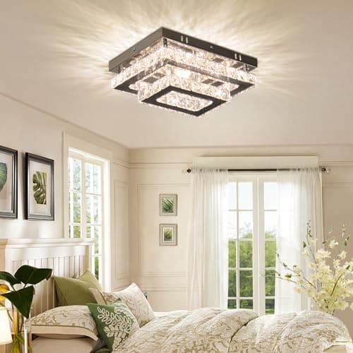 Finktonglan Plafonnier LED en cristal Lampe de plafond rectangulaire moderne K9 en acier inoxydable lustre encastré pour salon chambre à coucher salle à manger (dimmable)
