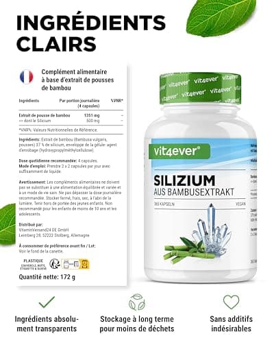 Silicium - 365 Gélules avec 500 mg de Silicium Organique par Jour - Premium : Extrait Naturel de Bambou - Haute Dose - Vegan