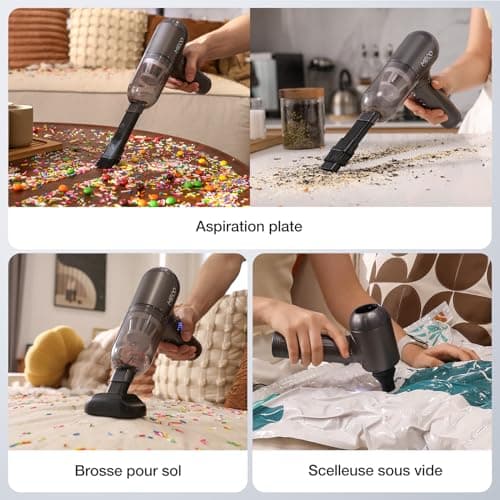 MECO ELEVERDE 4 en 1 Aspirateur Voiture Puissant sans Fil, 18KPA Mini Aspirateur à Main Souffleur Air Comprimé avec Moteur sans Balai et Lumières LED pour Voiture, Maison, PC Bureau, Gris