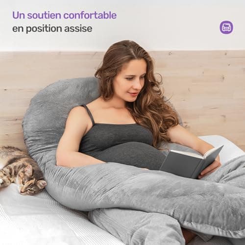 Nuliie Coussin de Grossesse pour Dormir, Oreiller de Corps Complet en Forme de U, Soutien pour Le Dos, Les Hanches et Les Jambes des Femmes Enceintes, avec Une Housse en Velours Lavable (Gris)
