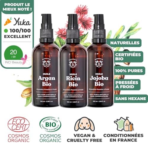 Bionoble Coffret Cadeau Femme Naturel et Bio 3x100ml - Huile de Ricin, Huile d'Argan et Huile de Jojoba Bio - Soins pour le visage, le corps et les cheveux - Idée cadeau anniversaire pour femme