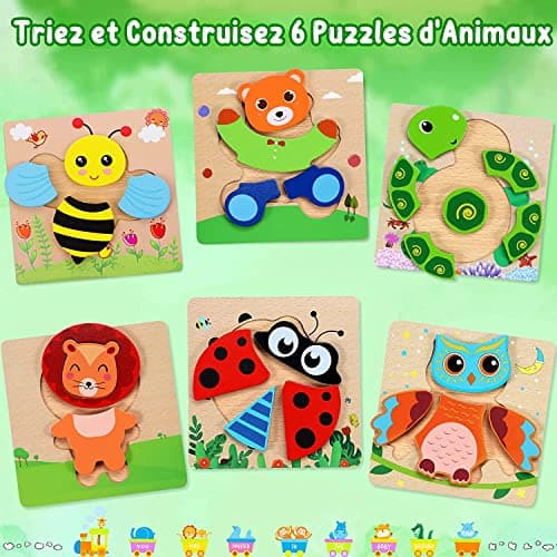 lenbest Puzzle Bois Enfant - 6PCS Jouet Montessori Puzzles - Jouet Enfant Puzzle 1 Jeu 2 3 an Ans - Jeux Educatif Animaux Puzzle à Encastrement - Cadeau Enfant Bebe Fille Garçon 1 Jeu 2 3 an Ans