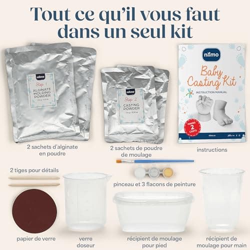 Niimo Kit de Moulage Main et Pied Bébé 3D - Non Irritant et Non Toxique avec 2 Sachets d’Alginate et 2 Sachets de Poudre de Moulage, Cadeau Souvenir Personnalisé, Capacité 2 Moulages