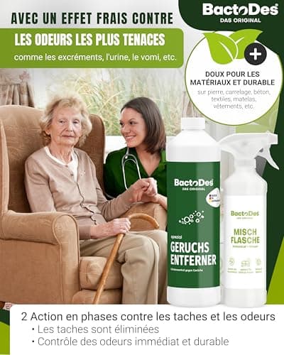 BactoDes - Desodorisant Maison 1L concentré avec Vaporisateur mélangeur - Nettoyant enzymatique Universel avec Action microbienne Bio - Élimination Efficace de Toutes Les Odeur Maison