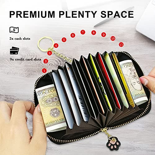 conisy Mignon Porte Cartes de Crédit en Cuir pour Femmes, Protection RFID Petit Portefeuille Fermeture Eclair avec Porte-clés (Chat Noir)