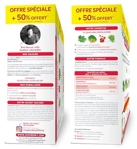 SUPERDIET- QUATUOR CIRCULATION BIO- Circulation, Jambes légères - Marronnier d’inde, Hamamélis, Vigne rouge, Ginkgo biloba - Format économique -30 ampoules de 15ml (L'emballage peut varier)