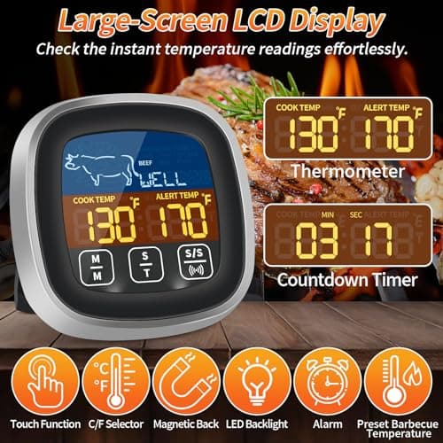 JAMATA Thermometre Cuisine avec Sondes de 16cm,Thermomètre à Viande numérique LED précis,thermomètre de grillade pour barbecue avec Rétroéclairage LCD & Aimant Fonction d'alarme pour Cuisson,Viande