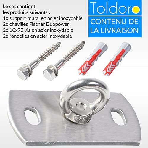 Toldoro® Fixation Plafond en Acier Inoxydable avec Chevilles & vis/Crochet Mural a Visser jusqu'à 400 kg/Crochet Plafond pour Fauteuil Suspendu, Voile Solaire, balancoire d'amour, Sac de Frappe
