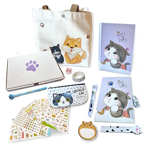 N NUEVAS IDEAS Journal secret fille avec code - Set papeterie fille - Mignon chaton - Papeterie mignonne - Papeterie Kawaii - Journal secret fille - Cadeau fille - Nombreux accessoires (VIOLET)