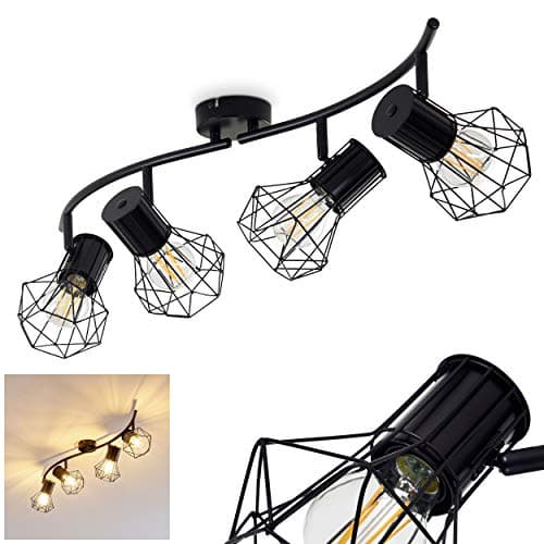 Plafonnier Bardhaman, lampe de plafond en métal noir, 4 flammes, 4 x E27 douille, spot au design rétro/vintage en grille et effet de lumière au plafond, sans ampoules