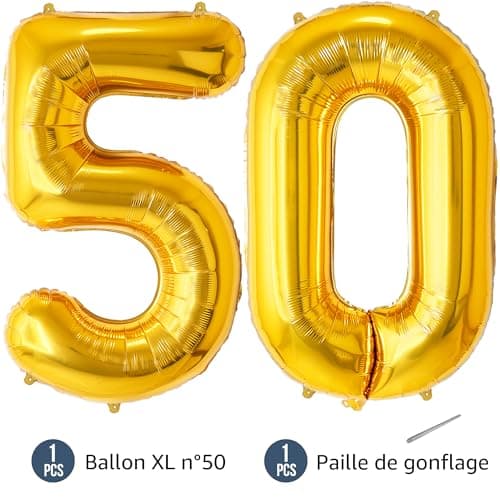 FUNFEST Ballons Anniversaire 50 Ans Couleur Or de 100cm – Décoration Ballon Anniversaire – Inclus Ballon 50 ans XL & Paille - Vole avec de l’hélium - Ballon Réutilisable de Qualité Supérieure