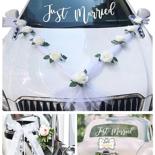 Kit de Décoration de Mariage pour Voiture - 9 Roses, 2 Gaze Blanche, 6 Nœuds avec Guirlande Florale et Autocollant Just Married