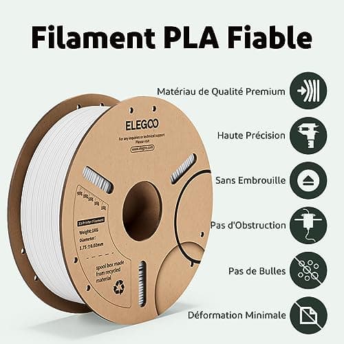 ELEGOO Filament PLA 1.75mm Blanc 1KG, Filament pour Imprimante 3D Précision Dimensionnelle +/- 0.02mm Bobine de Carton Filament d'Impression 3D Convient à la plupart des Imprimantes 3D FDM