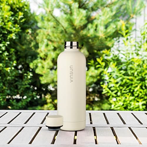 Vinsun Gourde Isotherme 500ml blanc crème - Bouteille d'eau Inox - Étanche, sans BPA, Reutilisable - Bouteille Thermo pour Sport, Randonnee, Velo, Voyage, École