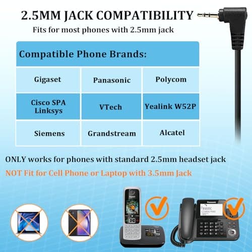 2,5mm Prise Jack Casque Téléphone Fixe sans Fil pour Gigaset C430A CL660HX Panasonic Cisco Spa Polycom DECT, Oreillette Filaire avec Micro Anti-Bruit pour Téléphonique Travail Centre d'appel Bureau