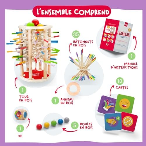 Nene Toys BALLFALL, Jouet Montessori pour Enfants 3+ Ans - Jeu de Société en Bois avec Bâtonnets Colorés, Dés & Cartes - Jeu de Société Éducatif et Familial pour Garçons et Filles de 3 à 9 Ans