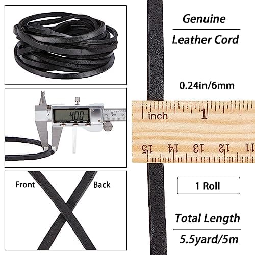GORGECRAFT 5 m Lacet Plat en Cuir 7 mm de Large Cordon en Cuir Véritable Cordon de Tressage Noir Bandes de Cuir Brillant Perles Sangle Fils pour Bricolage Cuir Artisanat Collier Bracelet Bijoux