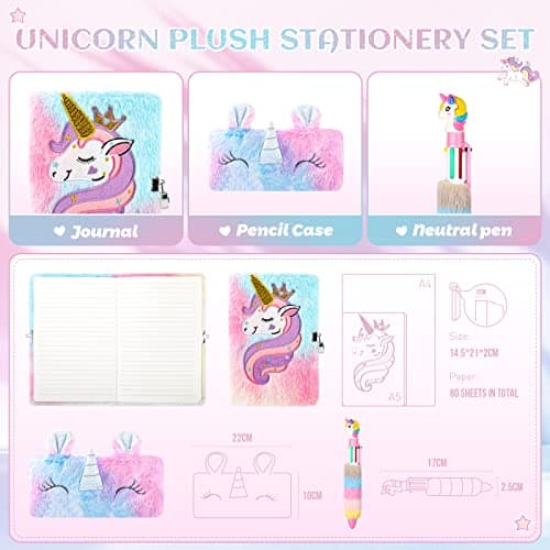 Anyfirst Licorne Journal Intime Fille en Peluche avec Clé et Cadenas, Set de A5 Carnet Secret Fille Comprend Trousses à Crayons, Journal Intime comme Cadeau Licorne Fille 5-12 Ans, Multicolore