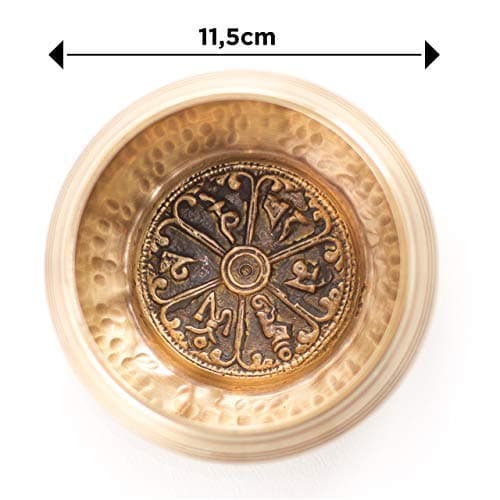 Zenamaste • Bol Tibétain Chantant Méditation Fait à la main à Bhaktapur (Népal) - 450gr ⌀11,5cm - Coffret Zen - Papier népalais - Coussin Bol Chantant (Métaux Anciens Chakra) - Maillet Bois