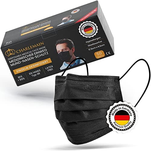Masque chirurgical Charlemain 50x, Noir, MADE IN GERMANY, EN 14683 type IIR, certifié CE, protection buccale et nasale médicale, BFE > 99%, 3 plis, résistant aux éclaboussures, inodore, sans latex