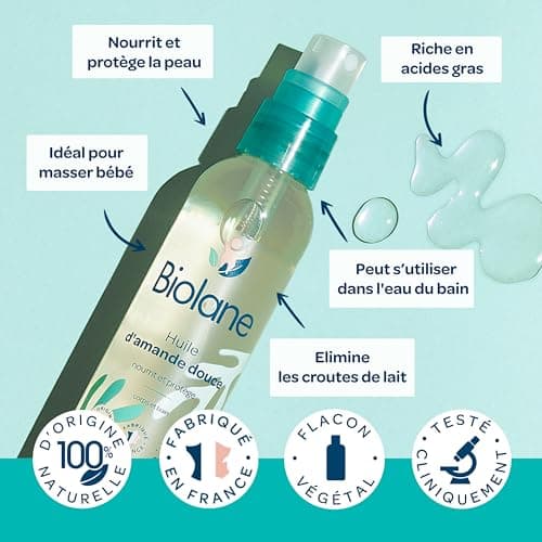 BIOLANE - Huile d'amande douce - Bébé - Hydrate et protège la peau - Vitamine E - Soin - Bain - Massage - 100% d'origine naturelle - Fabriqué en France