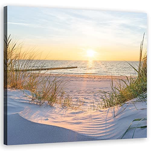 Feeby Tableau toile Passerelle vers la plage Herbe Coucher de soleil 30x30 cm Image Photo Mer du Nord Mer Baltique beige