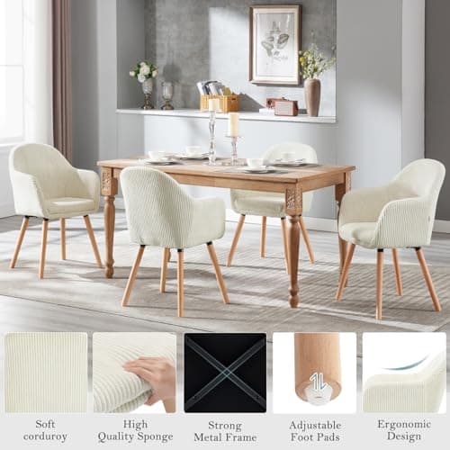 WOLTU Chaise de Salle à Manger, Lot de 2 Chaises, Chaise Ergonomique, Chaise de Cuisine avec Accoudoirs, Chaise Rembourrée avec Pieds en Bois Massif, en Velours Côtelé, Beige, EZS26cm-2