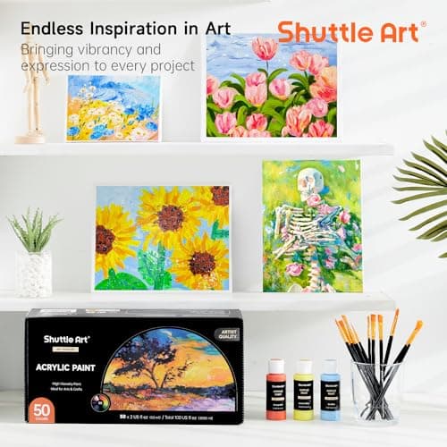 Shuttle Art 62PCS Kit Peinture Acrylique, 50 Couleurs (60ml) Peinture Acrylique avec 12 Pinceaux, Peintures pour Artiste Non Toxique, Acrylique Peinture pour Toile,Tissu pour Artiste, Débutant, Enfant
