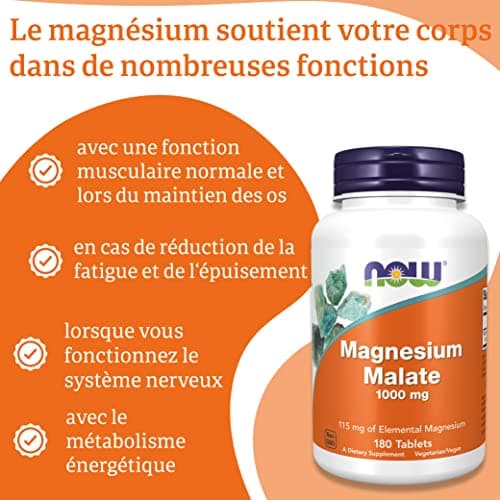 Now Foods, Malate de Magnésium, 1,000 mg, 180 Comprimés végétaliens, Testé en Laboratoire, Sans Gluten, Sans Soja, Végétarien
