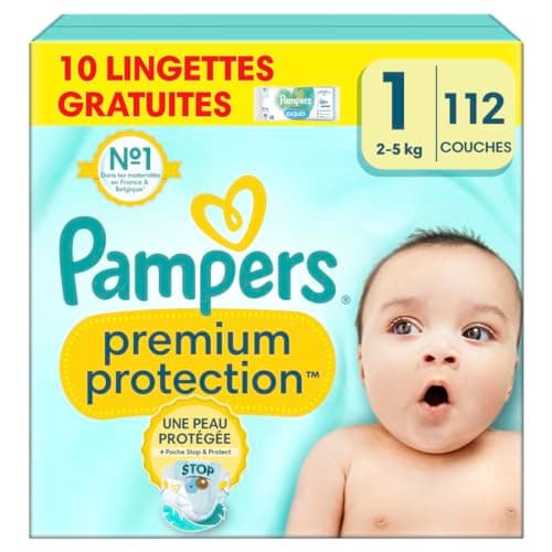 Pampers Premium Protection Taille 1, x112 Couches, 2kg-5kg, Double Protection pour la peau et contre les fuites + 10 Lingettes Harmonie Aqua Gratuites