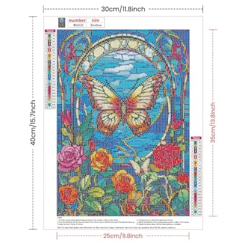 AIRDEA Vitrail Rose Papillon Peinture Diamant, 5D DIY Broderie Diamant Painting Kit Complet, Artisanat Strass Point de Croix Painting pour Adultes debutant, Murale Décoration 30x40cm