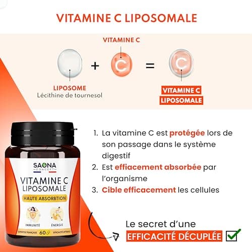Vitamine C Liposomale - Anti Fatigue, Immunité - Assimilation Maximale - 60 gélules Végan - 1 à 2 mois de cure - Fabriqué en France