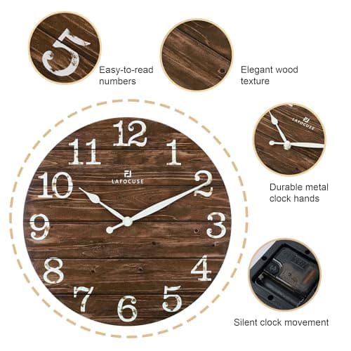 Lafocuse Horloge Murale Bois Silencieuse Retro, Rustique Vintage Pendule Murale Marron, Shabby Chic Deco sans Tictac Maison Salon Cuisine Chambre Bureau 30cm