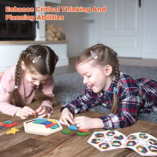 Coogam Puzzle en Bois pour Enfants - Forme hexagonale Motif Tetris Bloc Tangram Logic IQ Jeu STEM Montessori Casse-tête Jouet Cadeau pour Adolescents