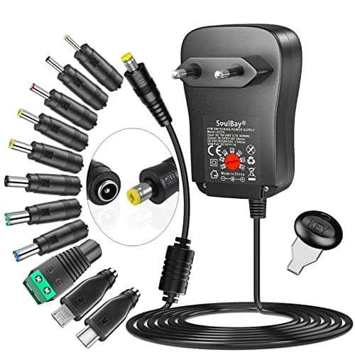 SoulBay 41W AC/DC Universal Adapter 24V / 20V / 18V / 15V / 12V / 9V / 6V Chargeur Transformateur d'alimentation avec 11 Pointes Contient des fiches USB-C, pour l'électronique Domestique, 2000mA Max