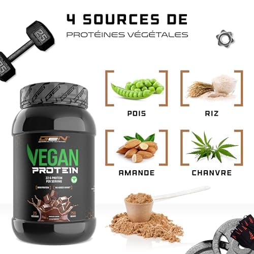 Proteine Poudre Vegan - Protéines végétales de pois, riz, amande et chanvre - Sans soja - Délicieuses & crémeuses - (750 g, Chocolat)