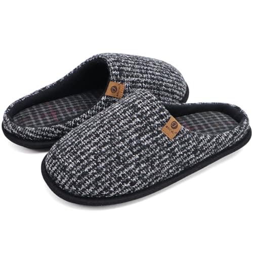 ONCAI Chaussons Homme Pantoufles à Rayures Hiver Chaussures Chaudes pour La Maison en Mousse à Mémoire de Forme, Laine en Peluche Doublée Avec Semelle en Caoutchouc Antidérapante Noir Taille 43
