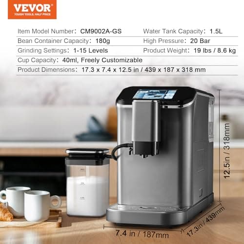 VEVOR Machine à Expresso Automatique, Cafetière Expresso avec Mousseur à Lait Automatique, Machine à Cappuccino Latte 20 Bars, avec Écran Tactile TFT, Broyeur, 15 Niveaux de Mouture, Bureau Domicile