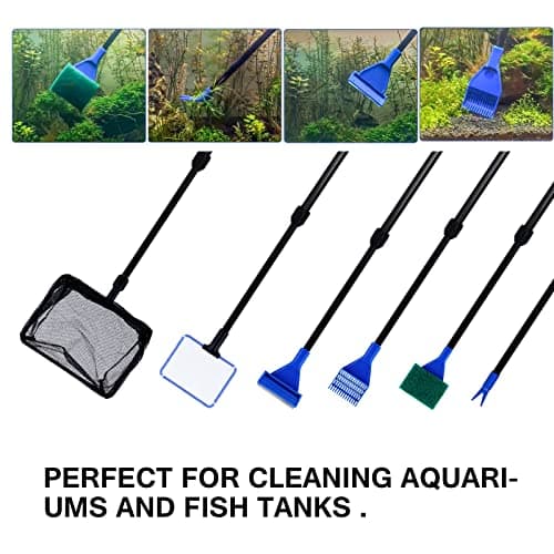 Coolty 9 en 1 Outils pour Aquarium pour Tailler Les Plantes Aquatiques Nettoyage de l'aquarium Filet à Poissons Râteau à Gravier Fourche à Plantes Grattoir Eponge Pince à épiler Ciseaux Grattoir