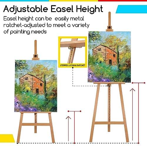 MEEDEN Chevalet Peinture en Bois de hêtre Massif, Peut contenir Une Toile jusqu'à 110cm, Chevalet de Peinture à Cadre en A avec Hauteur et Angle réglables, Naturel