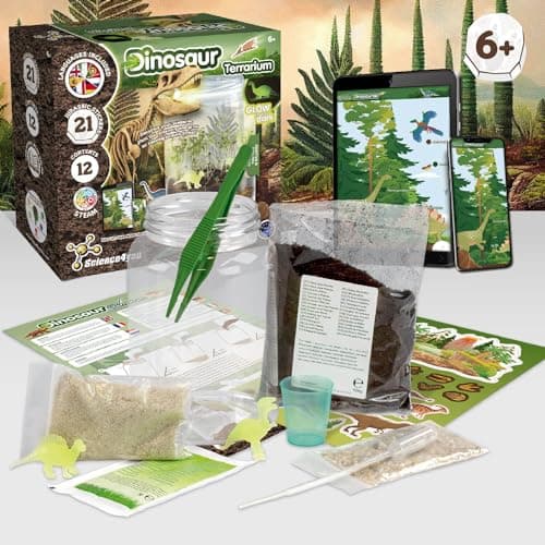 Science4you Terrarium de Dinosaure - Écosystème avec Jouet Dinosaure Phosphorescent pour Enfant, Terrarium pour Enfants + 21 Autocollants de Dinosaures, Jeux, Cadeau pour Garçon et Fille 6+ Ans
